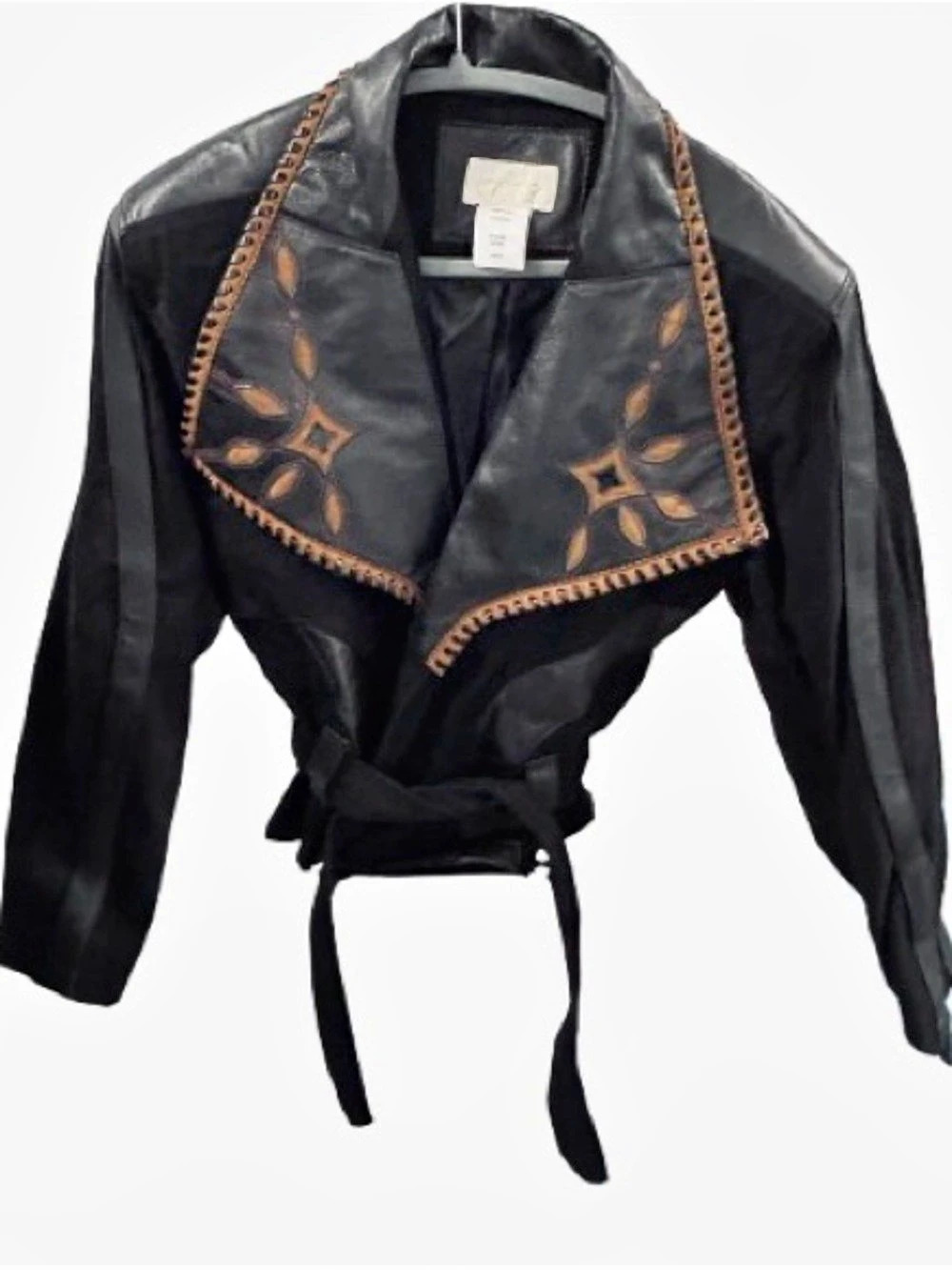 Vintage CACHE Leather & Cotton Embroidered Leather Cotton Jacket Y2K 90’s Native